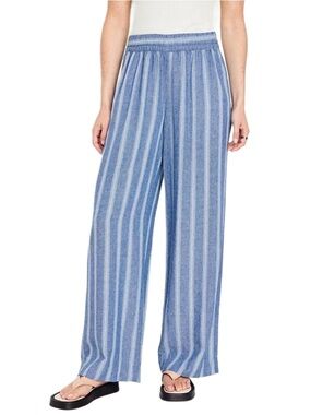 Old Navy Womens Blue Striped Linen Blend Wide Leg Comfort Waistband Pants Size M